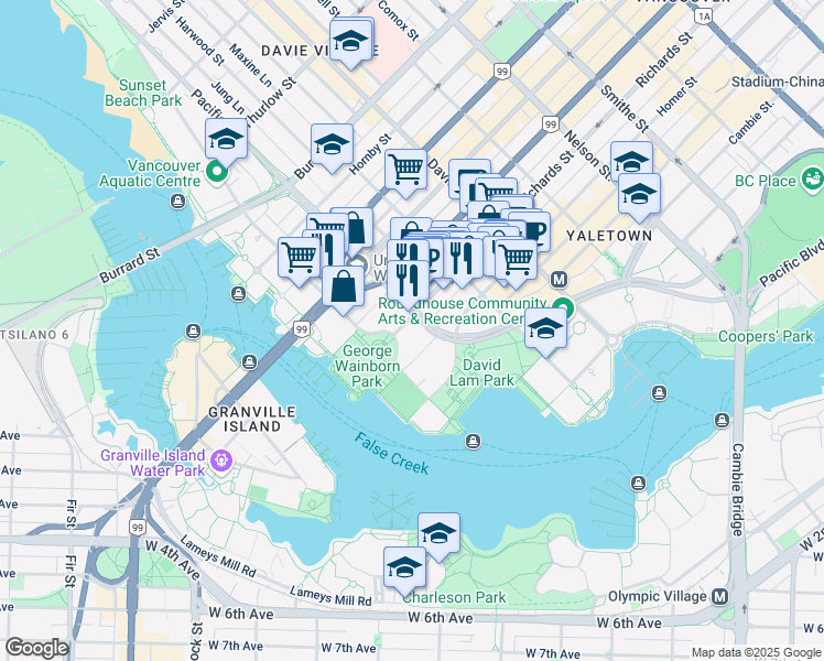 map of restaurants, bars, coffee shops, grocery stores, and more near in Vancouver