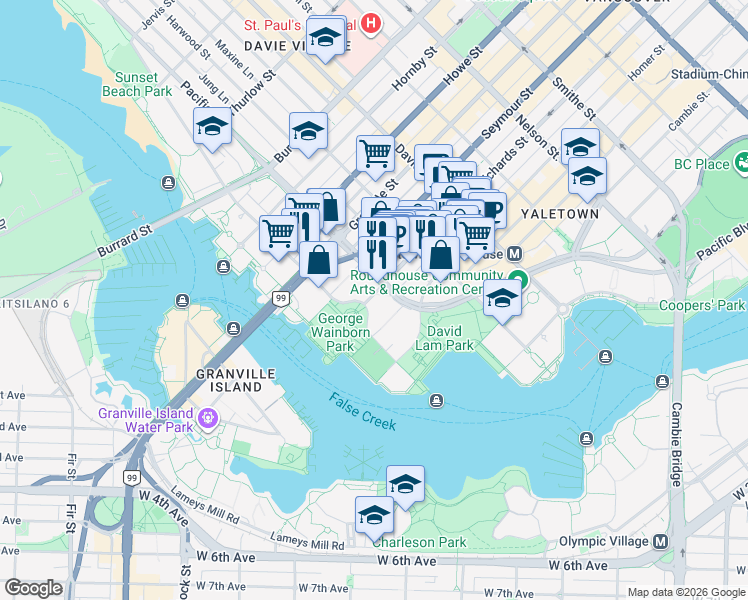 map of restaurants, bars, coffee shops, grocery stores, and more near in Vancouver
