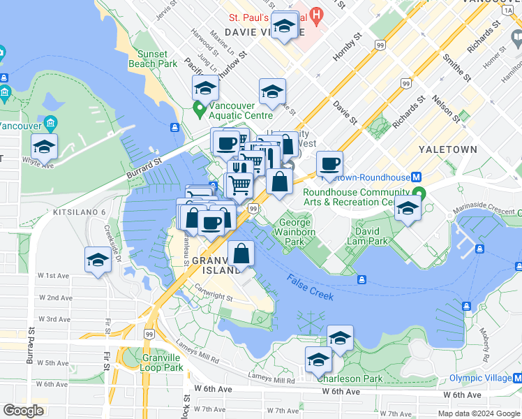 map of restaurants, bars, coffee shops, grocery stores, and more near in Vancouver