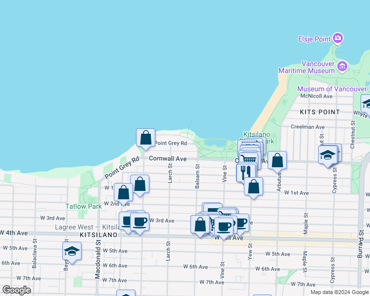 map of restaurants, bars, coffee shops, grocery stores, and more near in Vancouver