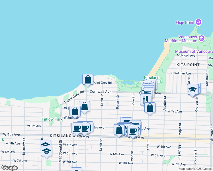 map of restaurants, bars, coffee shops, grocery stores, and more near in Vancouver