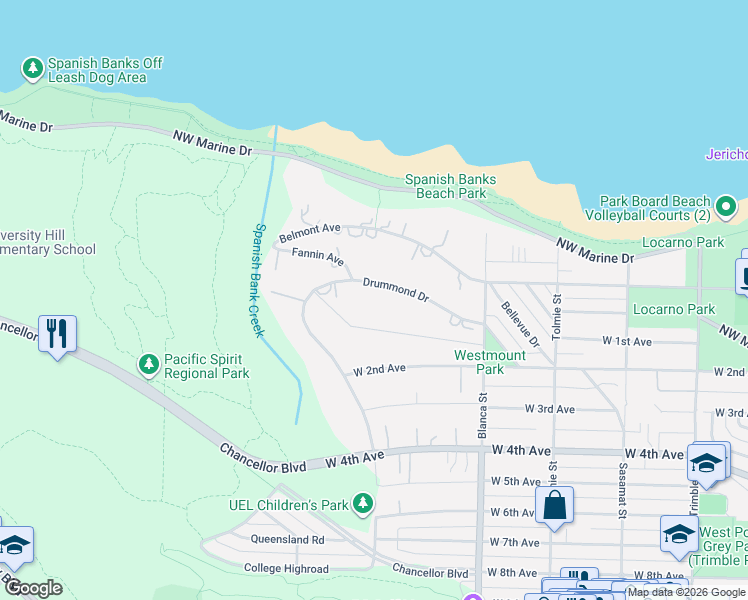 map of restaurants, bars, coffee shops, grocery stores, and more near 4778 Drummond Drive in Vancouver