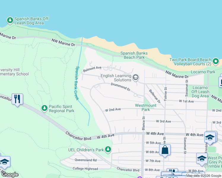 map of restaurants, bars, coffee shops, grocery stores, and more near 4778 Drummond Drive in Vancouver