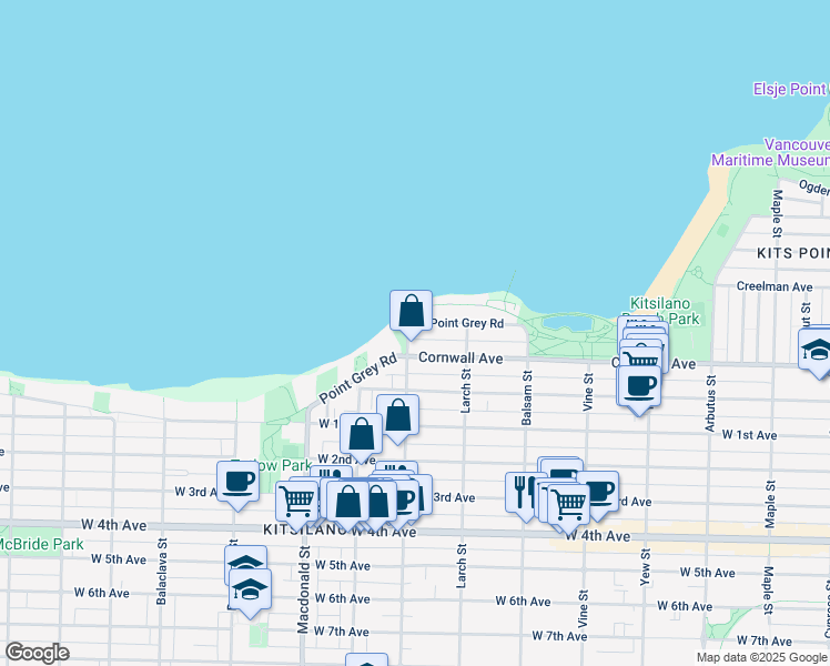 map of restaurants, bars, coffee shops, grocery stores, and more near 1428 Trafalgar Street in Vancouver