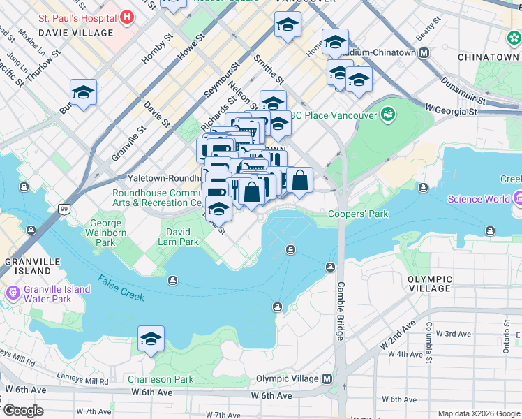map of restaurants, bars, coffee shops, grocery stores, and more near 1199 Marinaside Crescent in Vancouver
