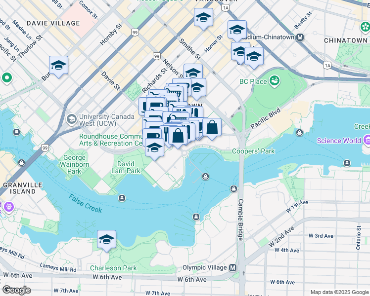 map of restaurants, bars, coffee shops, grocery stores, and more near 1199 Marinaside Crescent in Vancouver