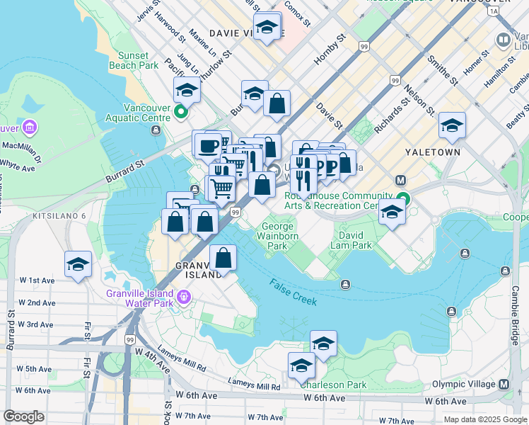 map of restaurants, bars, coffee shops, grocery stores, and more near 638 Beach Crescent in Vancouver