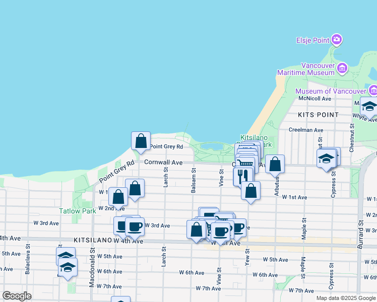 map of restaurants, bars, coffee shops, grocery stores, and more near 2430 Point Grey Road in Vancouver