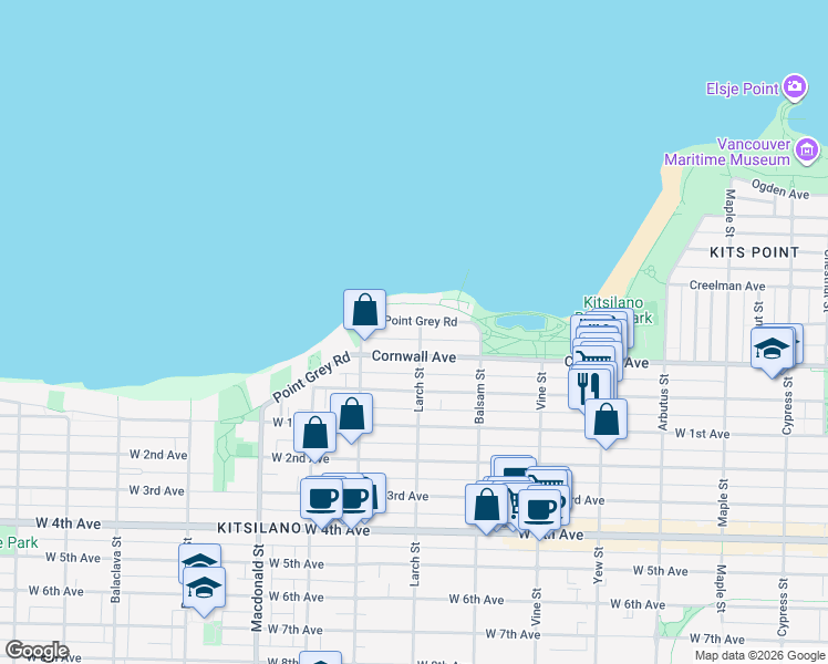 map of restaurants, bars, coffee shops, grocery stores, and more near 2502 Point Grey Road in Vancouver