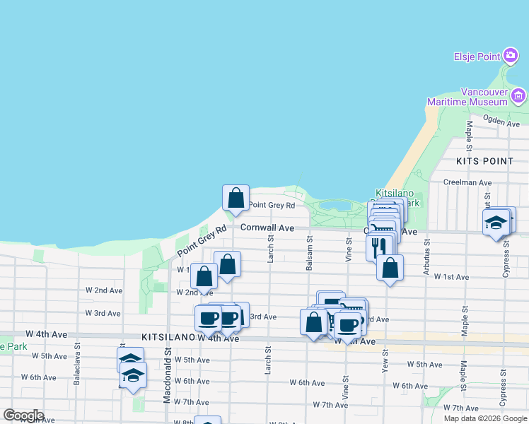 map of restaurants, bars, coffee shops, grocery stores, and more near in Vancouver