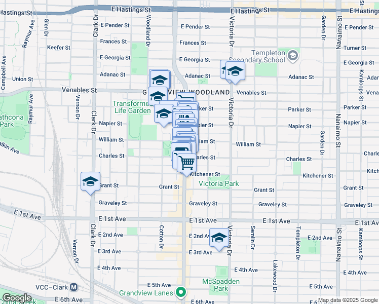 map of restaurants, bars, coffee shops, grocery stores, and more near in Vancouver