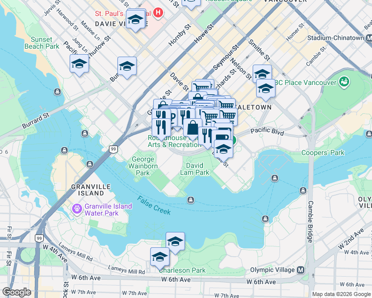 map of restaurants, bars, coffee shops, grocery stores, and more near 1323 Homer Street in Vancouver