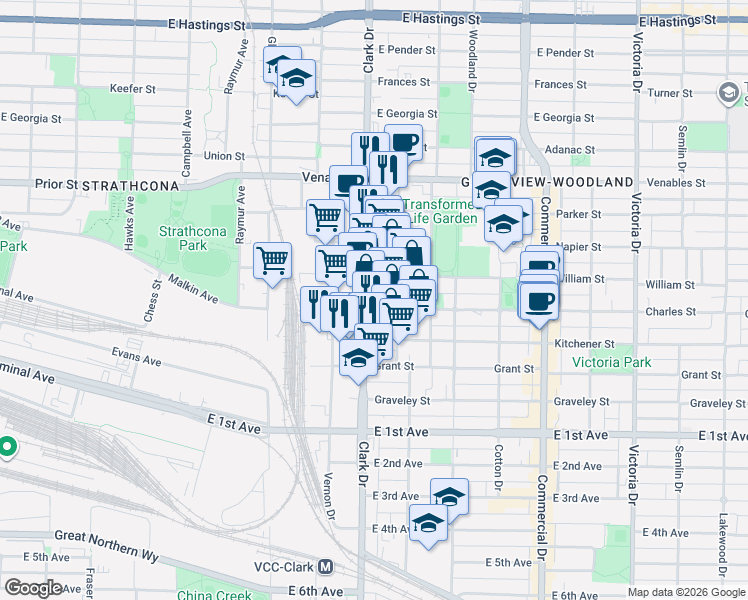 map of restaurants, bars, coffee shops, grocery stores, and more near 1290 Clark Drive in Vancouver