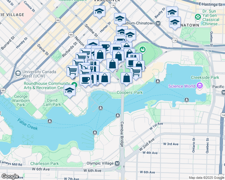 map of restaurants, bars, coffee shops, grocery stores, and more near 1033 Marinaside Crescent in Vancouver