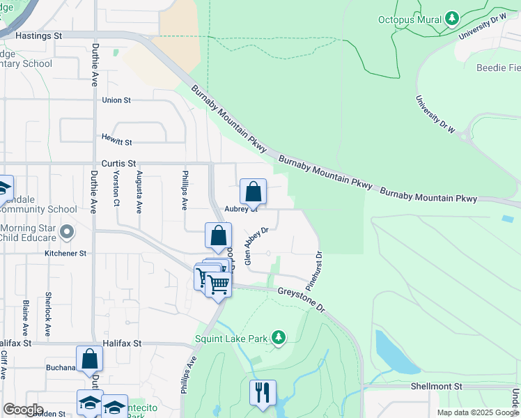map of restaurants, bars, coffee shops, grocery stores, and more near 7583 Aubrey Street in Burnaby