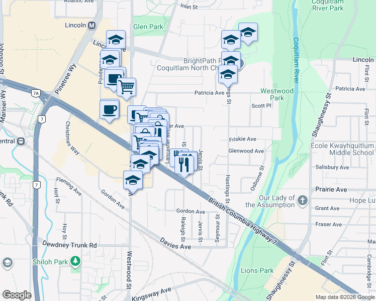 map of restaurants, bars, coffee shops, grocery stores, and more near 3432 Raleigh Street in Port Coquitlam