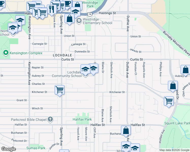 map of restaurants, bars, coffee shops, grocery stores, and more near Cliff Avenue in Burnaby