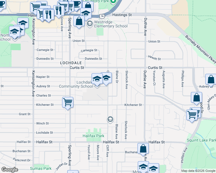 map of restaurants, bars, coffee shops, grocery stores, and more near Cliff Avenue in Burnaby