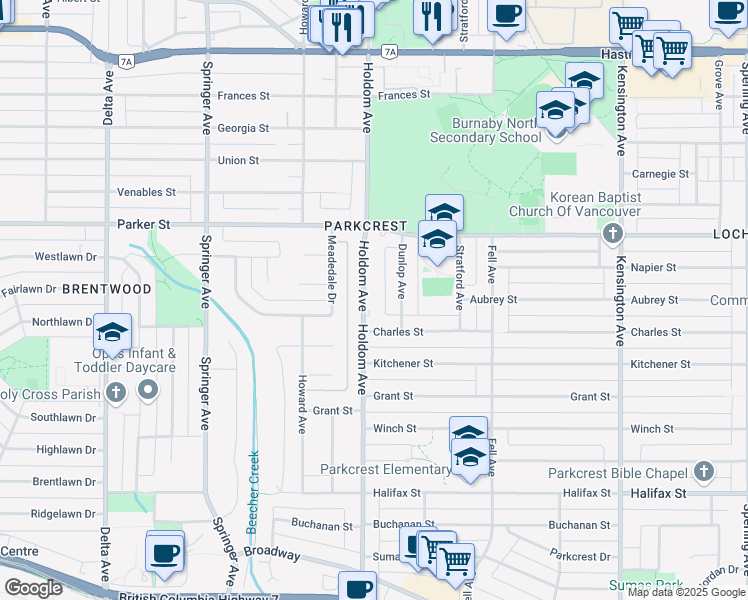 map of restaurants, bars, coffee shops, grocery stores, and more near 1202 Holdom Avenue in Burnaby