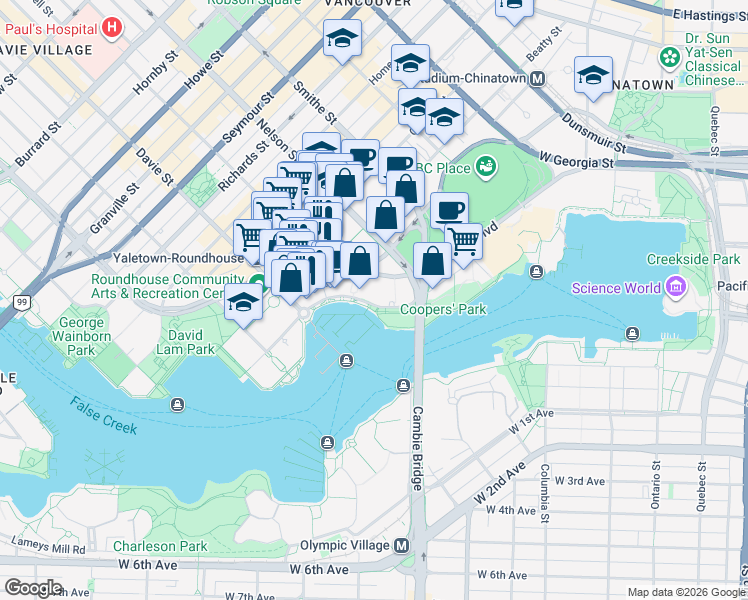 map of restaurants, bars, coffee shops, grocery stores, and more near 1053 Marinaside Crescent in Vancouver