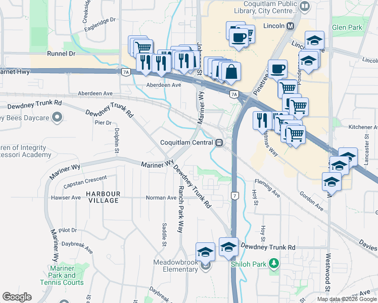 map of restaurants, bars, coffee shops, grocery stores, and more near 1118 Wallace Court in Coquitlam