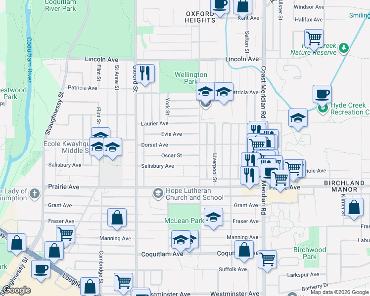 map of restaurants, bars, coffee shops, grocery stores, and more near 1752 Dorset Avenue in Port Coquitlam