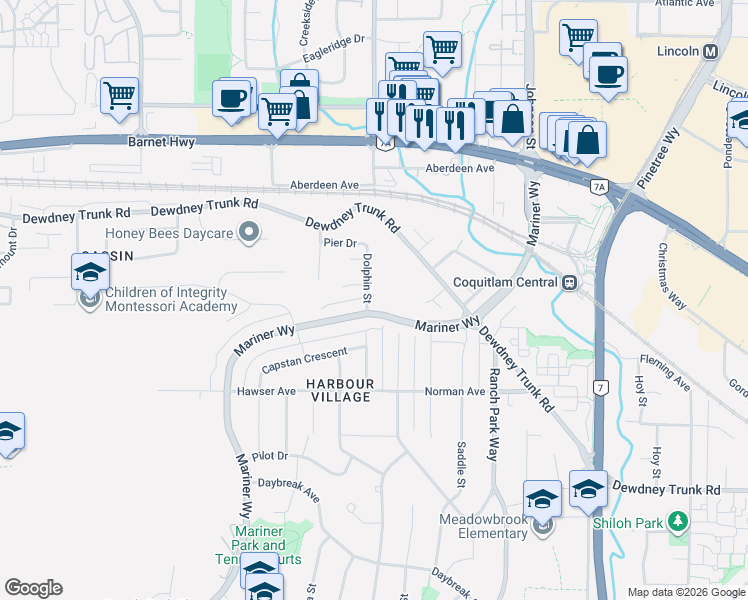 map of restaurants, bars, coffee shops, grocery stores, and more near 1055 Dolphin Street in Coquitlam