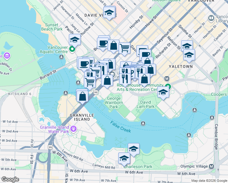 map of restaurants, bars, coffee shops, grocery stores, and more near 567 Beach Crescent in Vancouver