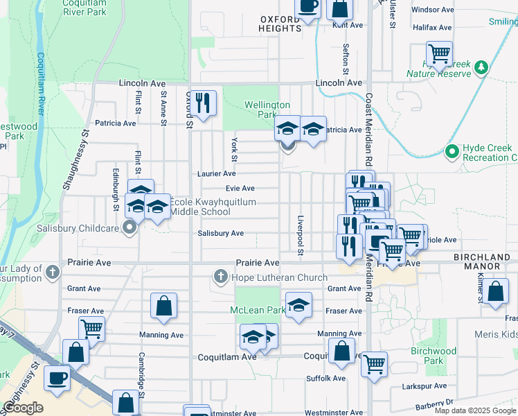 map of restaurants, bars, coffee shops, grocery stores, and more near 1752 Dorset Avenue in Port Coquitlam