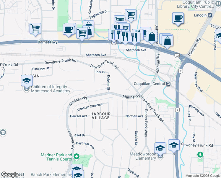 map of restaurants, bars, coffee shops, grocery stores, and more near 1055 Dolphin Street in Coquitlam