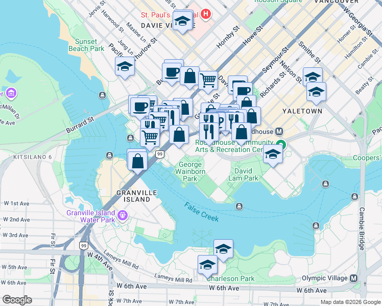 map of restaurants, bars, coffee shops, grocery stores, and more near 583 Beach Crescent in Vancouver