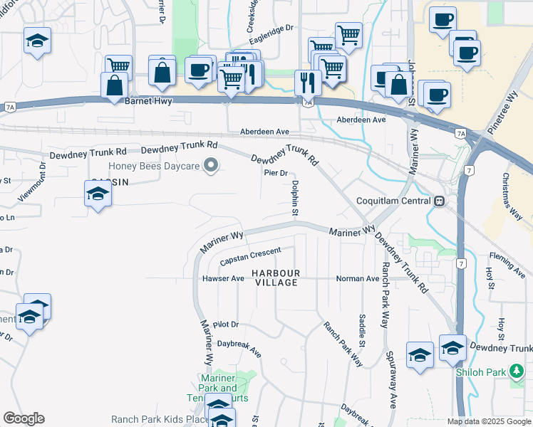 map of restaurants, bars, coffee shops, grocery stores, and more near 3204 Bosun Place in Coquitlam