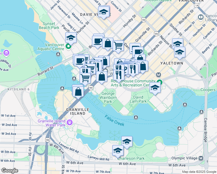 map of restaurants, bars, coffee shops, grocery stores, and more near 583 Beach Crescent in Vancouver