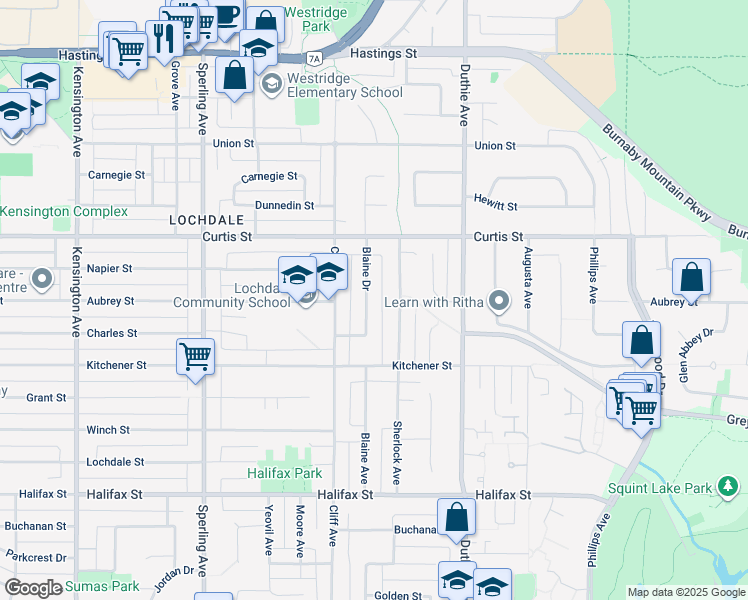 map of restaurants, bars, coffee shops, grocery stores, and more near 1180 Blaine Drive in Burnaby