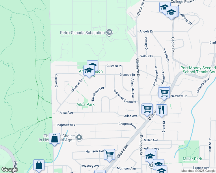 map of restaurants, bars, coffee shops, grocery stores, and more near 966 Dundonald Drive in Port Moody
