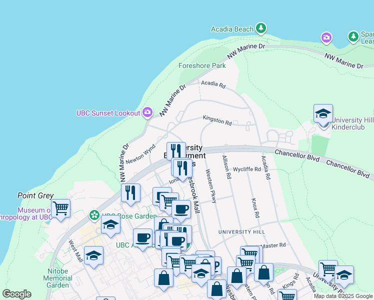 map of restaurants, bars, coffee shops, grocery stores, and more near 1690 Wesbrook Crescent in Vancouver
