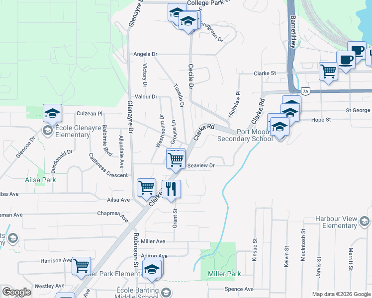 map of restaurants, bars, coffee shops, grocery stores, and more near 941 Clarke Road in Port Moody