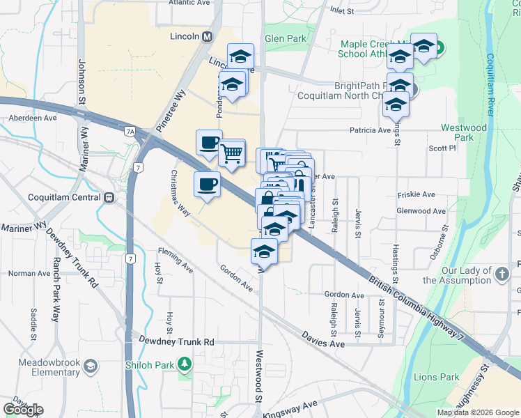 map of restaurants, bars, coffee shops, grocery stores, and more near Westwood Street in Greater Vancouver
