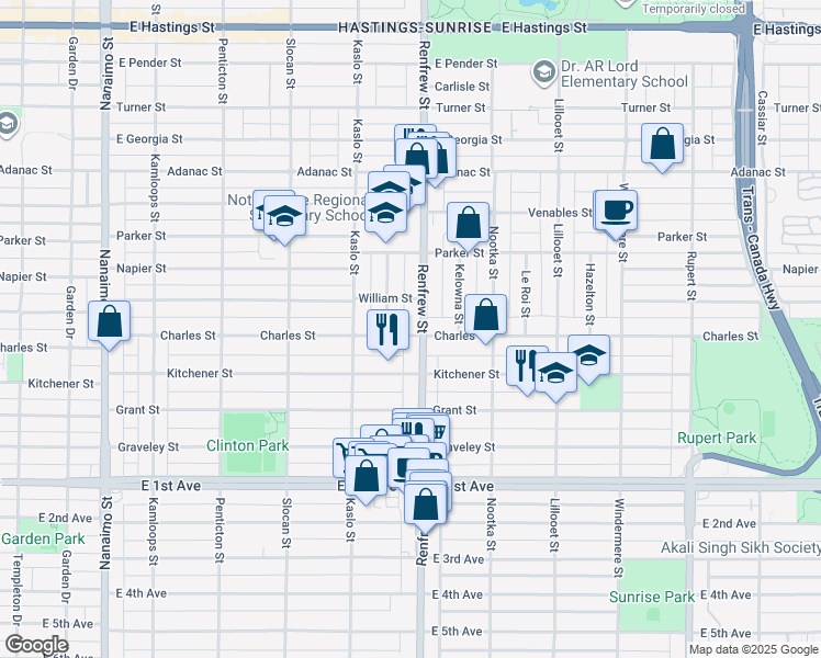 map of restaurants, bars, coffee shops, grocery stores, and more near 2881 Charles Street in Vancouver