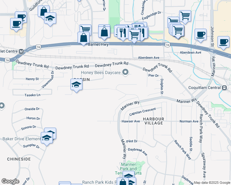 map of restaurants, bars, coffee shops, grocery stores, and more near 1038 Windward Drive in Coquitlam
