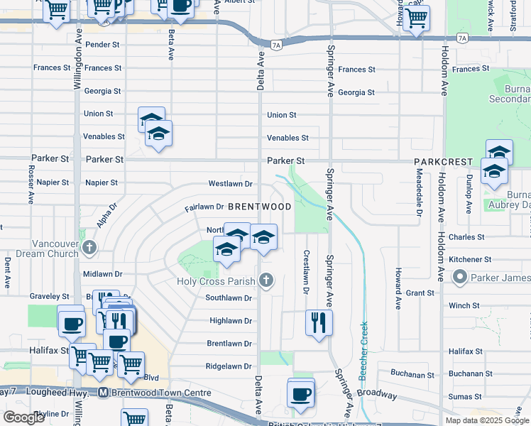 map of restaurants, bars, coffee shops, grocery stores, and more near 1250 Delta Avenue in Burnaby