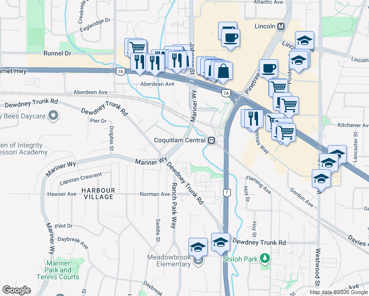 map of restaurants, bars, coffee shops, grocery stores, and more near 1120 Wallace Court in Coquitlam