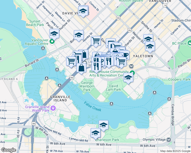 map of restaurants, bars, coffee shops, grocery stores, and more near 1501 Richards Street in Vancouver