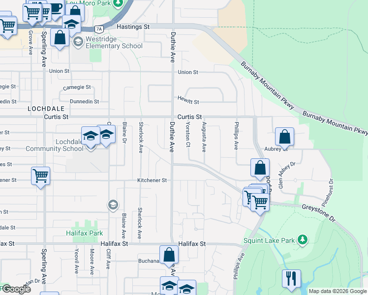 map of restaurants, bars, coffee shops, grocery stores, and more near 1135 Yorston Court in Burnaby