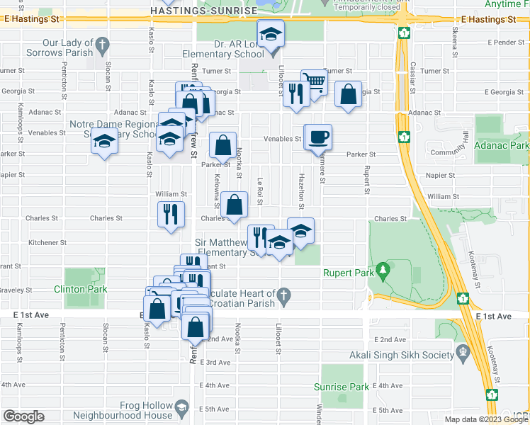 map of restaurants, bars, coffee shops, grocery stores, and more near 3065 Charles Street in Vancouver