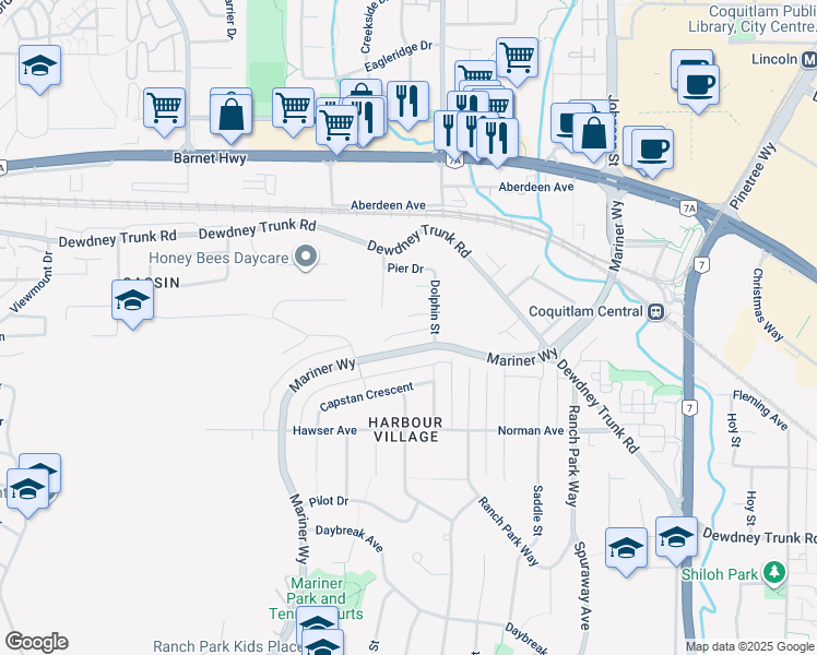 map of restaurants, bars, coffee shops, grocery stores, and more near 3212 Bosun Place in Coquitlam