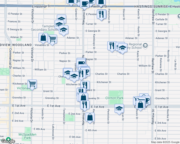 map of restaurants, bars, coffee shops, grocery stores, and more near 2479 Charles Street in Vancouver