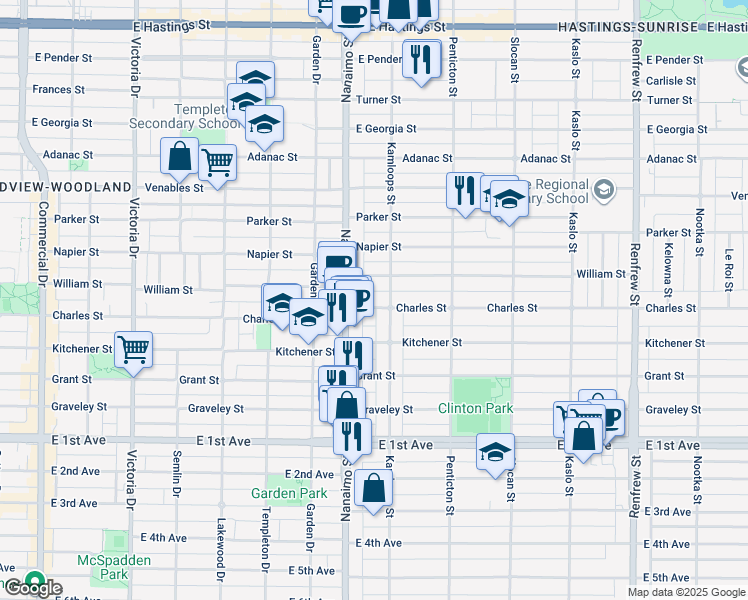 map of restaurants, bars, coffee shops, grocery stores, and more near 2479 Charles Street in Vancouver