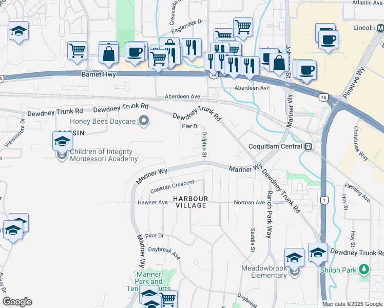 map of restaurants, bars, coffee shops, grocery stores, and more near 3212 Bosun Place in Coquitlam