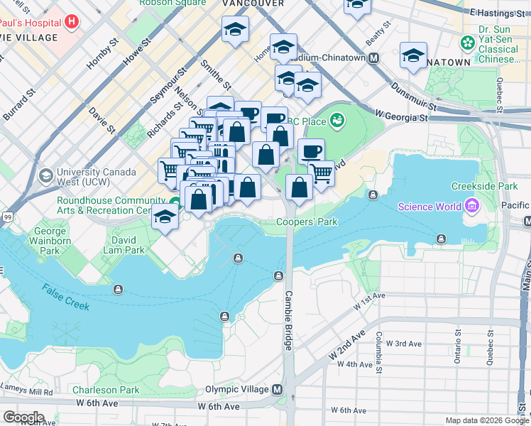 map of restaurants, bars, coffee shops, grocery stores, and more near 1059 Marinaside Crescent in Vancouver